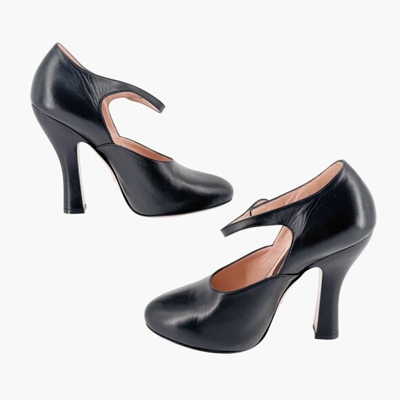 Gucci Lesley Mary Jane Pumps Size 37.5  US 7.5 Black Leather High Heel GG Pearl - Picture 12 of 15